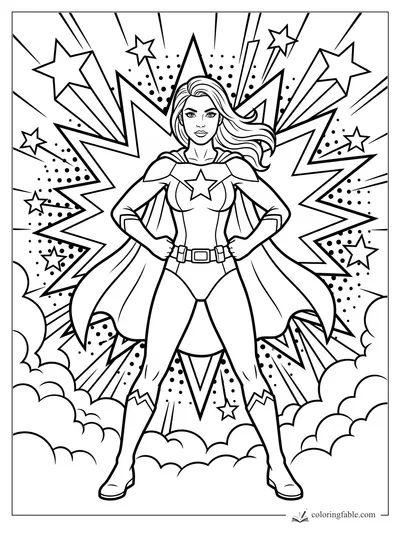 Female superhero posing with hands on hips amid stars, clouds, dots, and lightning bursts