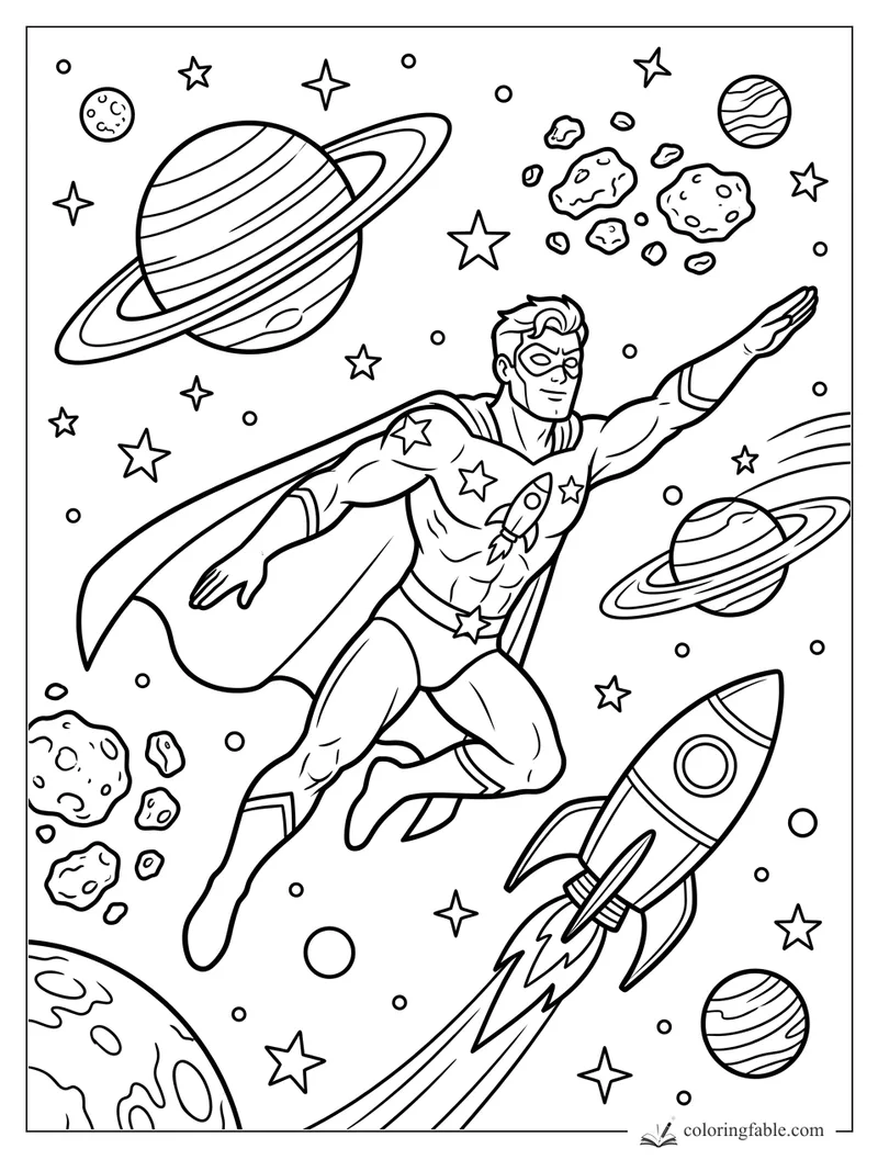 Cartoon superhero flying through space with ringed planets, asteroids, stars, and a rocket.
