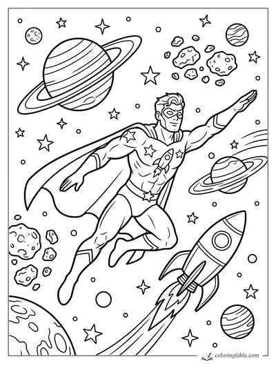 Cartoon superhero flying through space with ringed planets, asteroids, stars, and a rocket.