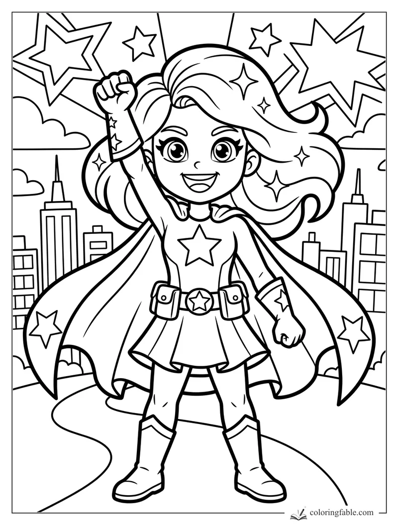 Cartoon girl superhero with raised fist, star cape, city skyline, clouds, and burst stars
