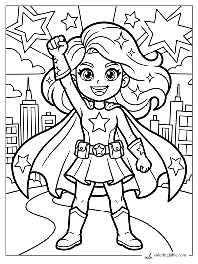 Cartoon girl superhero with raised fist, star cape, city skyline, clouds, and burst stars