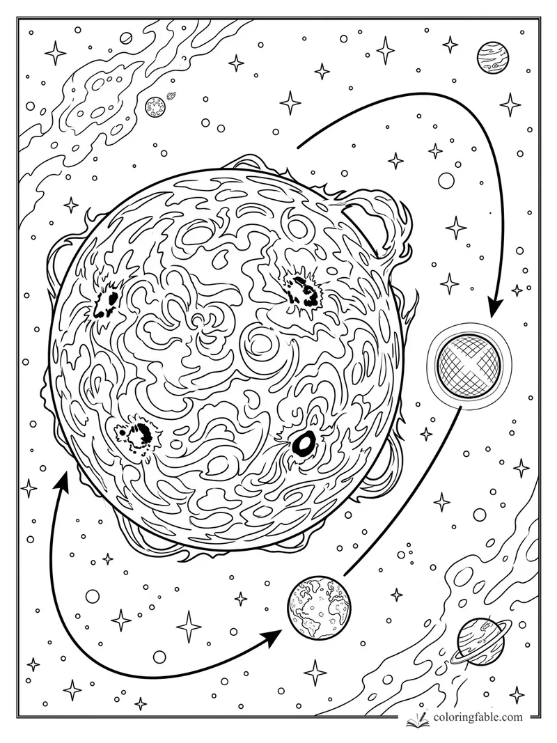Intricate star core with cratered flares, orbit arrows, planets, galaxies, and tiny stars in space
