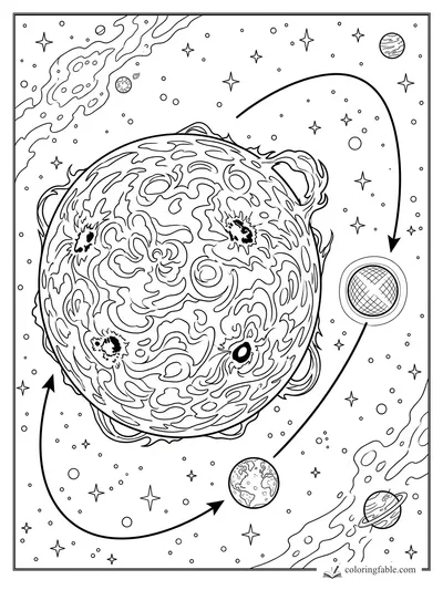 Intricate star core with cratered flares, orbit arrows, planets, galaxies, and tiny stars in space