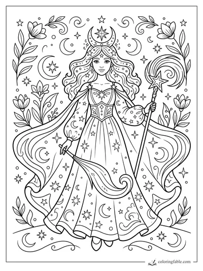 Aesthetic princess coloring page with crescent crown, star wand, flowing cape, moons, flowers, and swirls