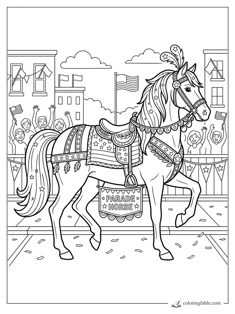 Parade horse with star tack, feather plume, flags, cheering kids, bunting, and confetti on Main Street.
