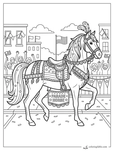 Parade horse with star tack, feather plume, flags, cheering kids, bunting, and confetti on Main Street.