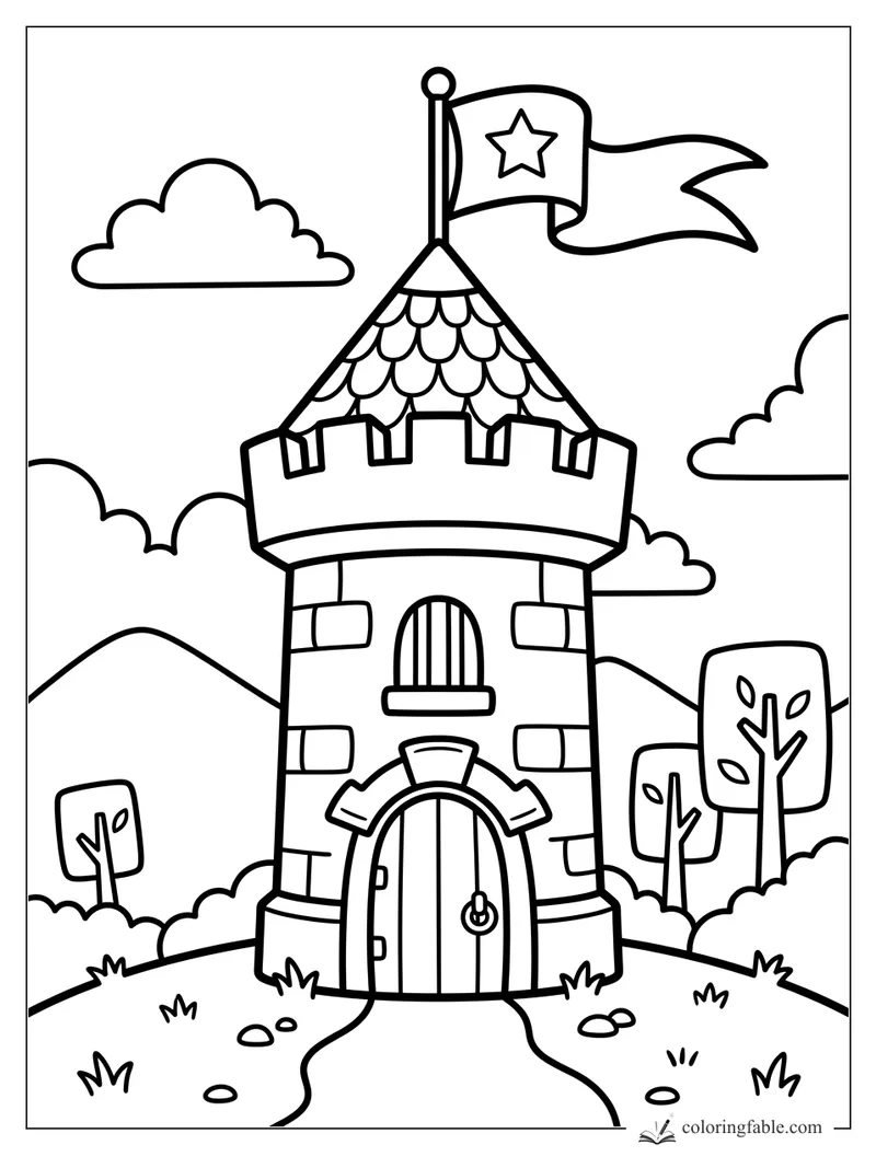 Bold easy castle tower coloring page with star flag, arched door, clouds, hills, and small trees.