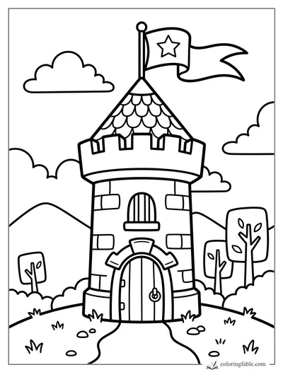 Bold easy castle tower coloring page with star flag, arched door, clouds, hills, and small trees.