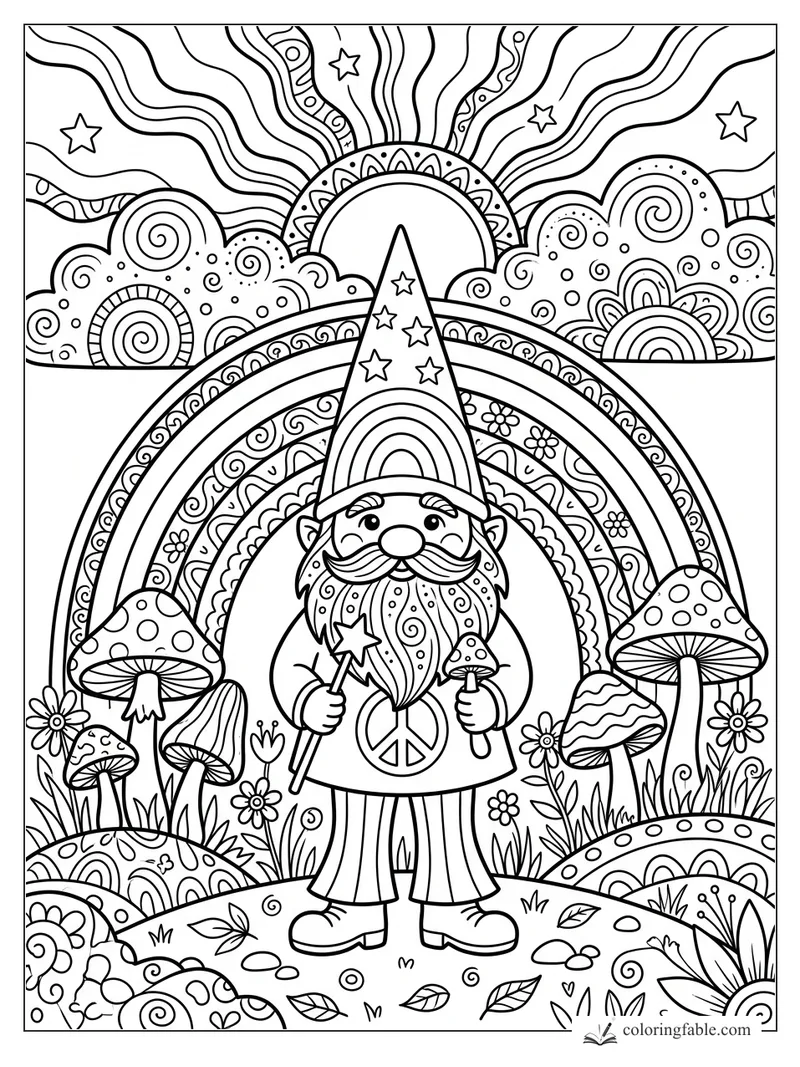 Boho gnome with starry hat, wand, mushrooms, flowers, rainbow, swirls, and sunburst sky coloring page