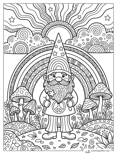 Boho gnome with starry hat, wand, mushrooms, flowers, rainbow, swirls, and sunburst sky coloring page