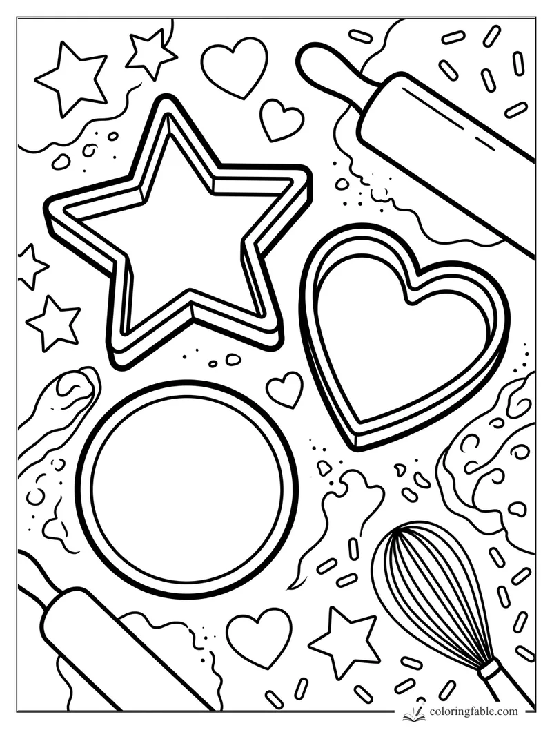 Bold coloring page with star, heart, and circle cookie cutters, rolling pins, whisk, dough, and sprinkles.