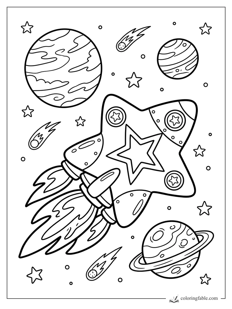 Cartoon star-shaped rocket flying past planets, comets, and small stars in space