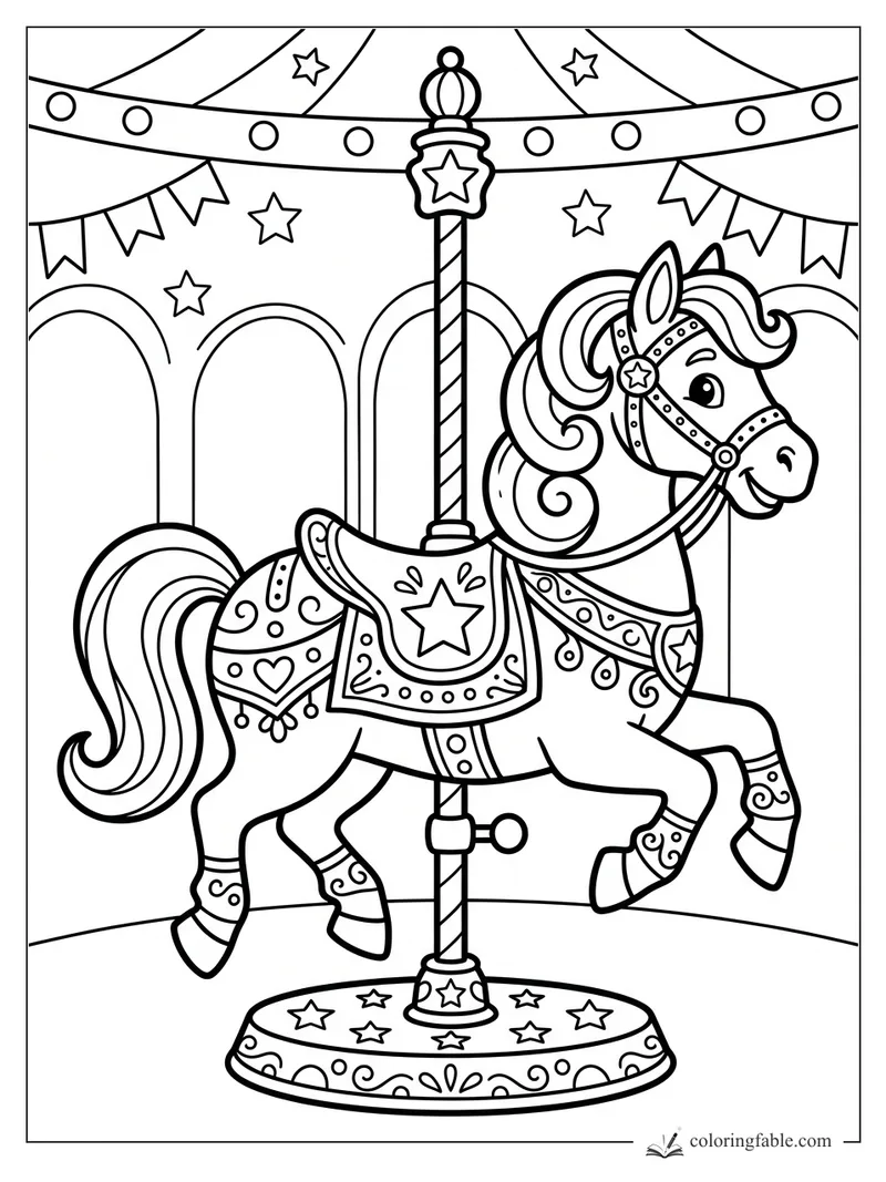 Cartoon carousel horse with star saddle, striped pole, bunting, and round lights