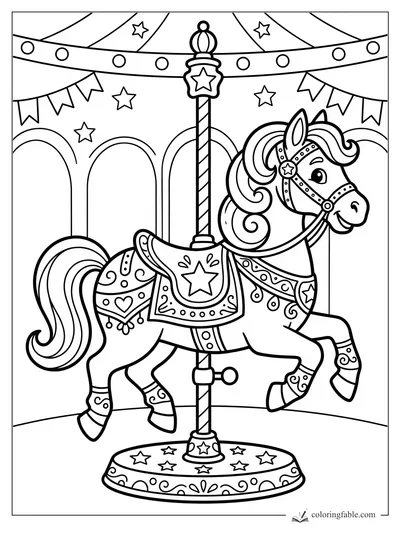 Cartoon carousel horse with star saddle, striped pole, bunting, and round lights
