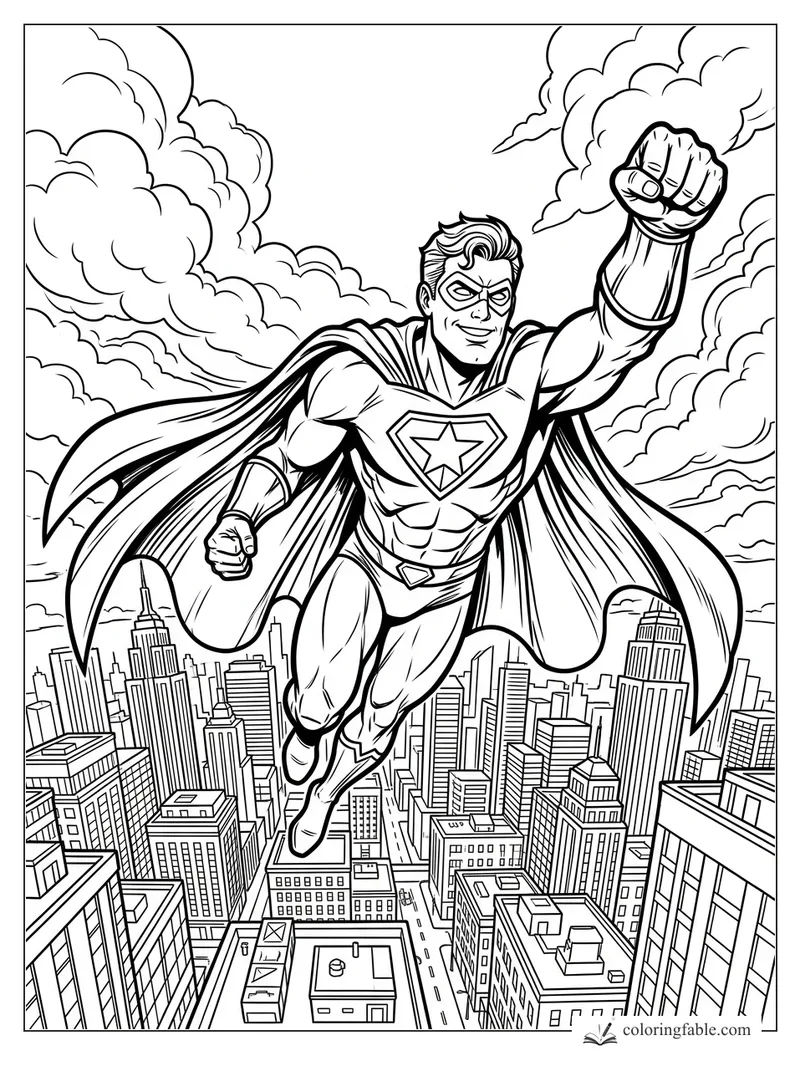 Superhero with star shield emblem flying above a detailed city skyline and clouds