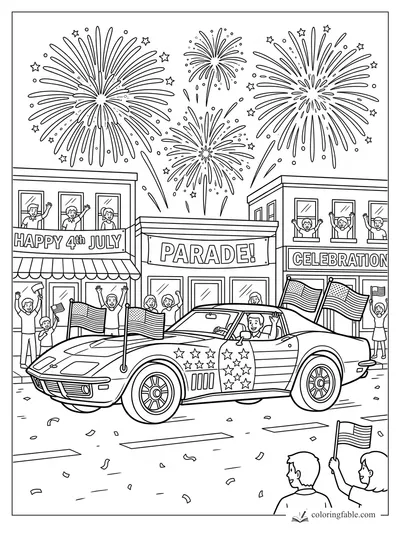 Sports car with flags and stars driving in a Fourth of July parade under fireworks