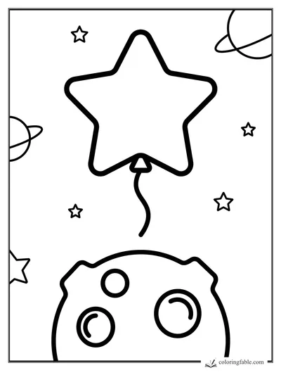 Star sticker balloon floating above a crater moon with tiny stars and ringed planets