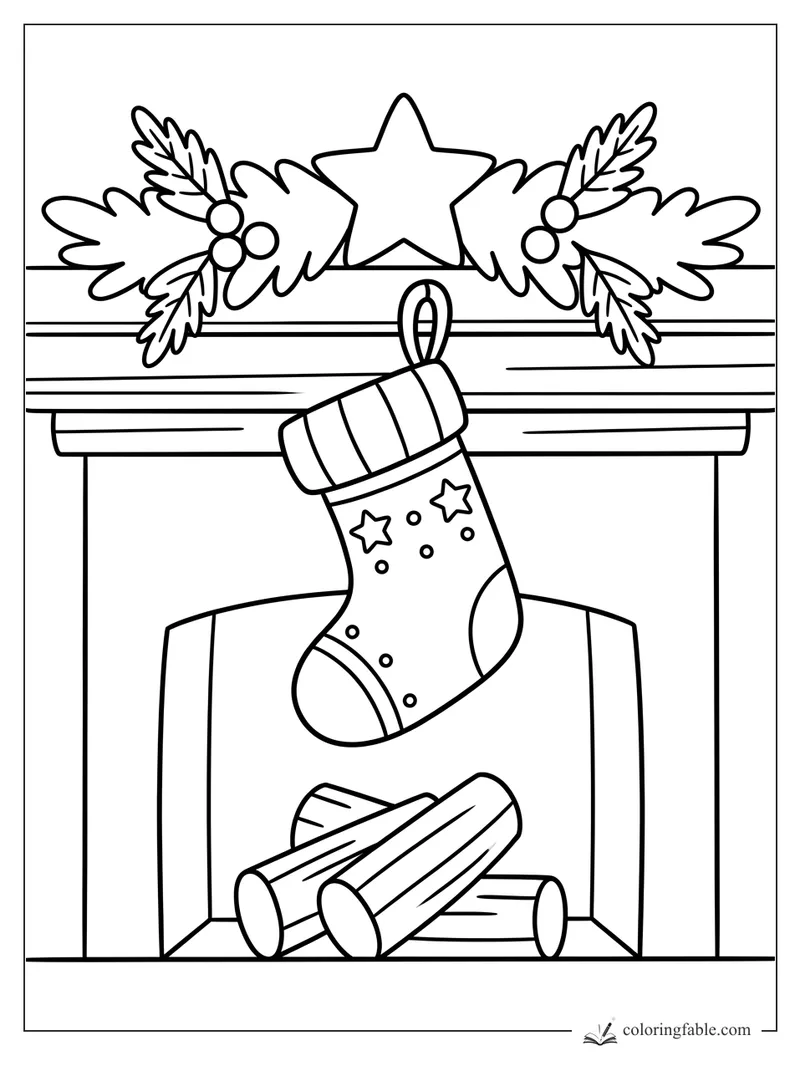 Cartoon Christmas stocking with stars hanging from a holly-decorated fireplace mantel