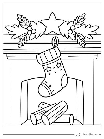 Cartoon Christmas stocking with stars hanging from a holly-decorated fireplace mantel