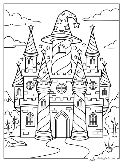 Cartoon castle coloring page with star-tipped turrets, striped towers, clouds, trees, and a wizard hat roof