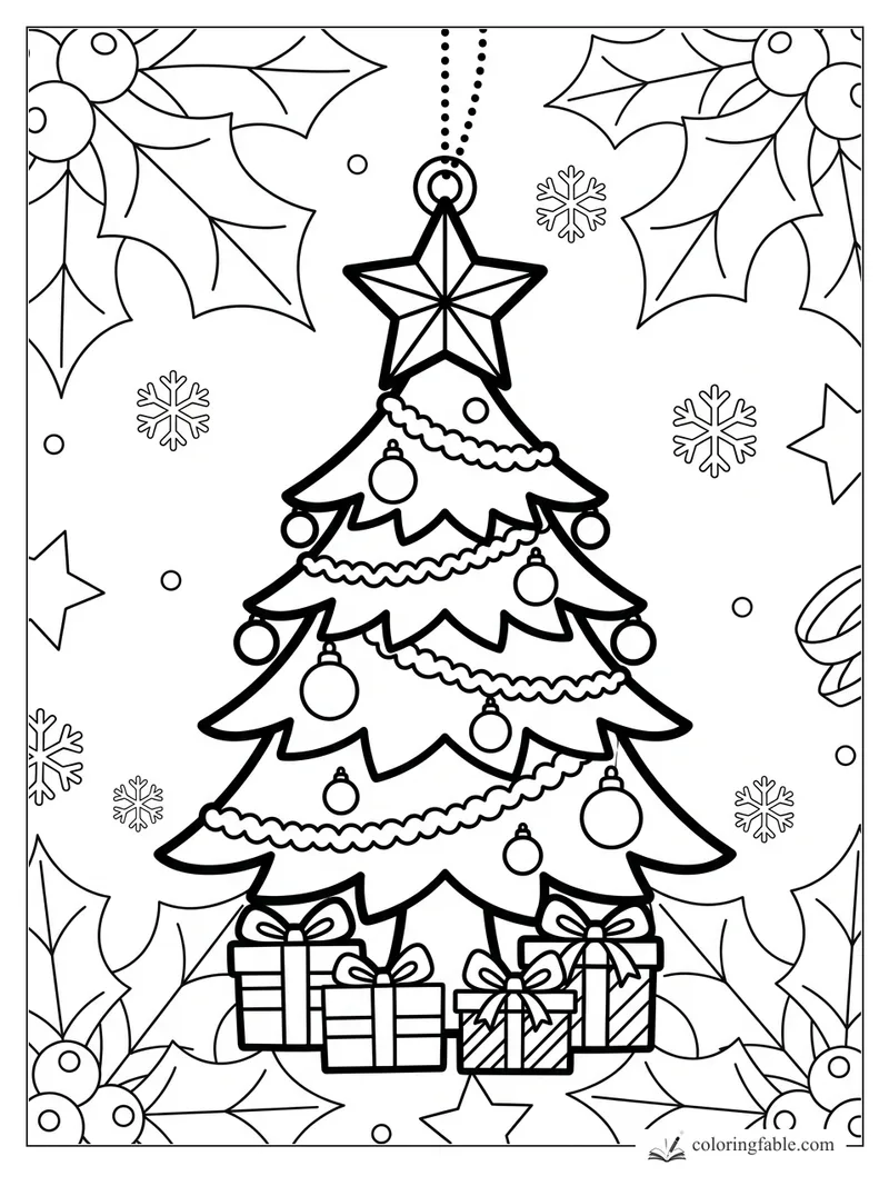 Cartoon Christmas tree ornament with star topper, garlands, baubles, presents, holly leaves, and snowflakes.