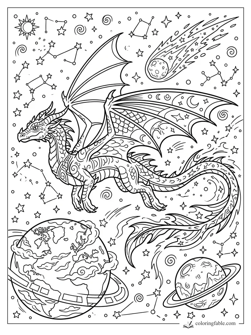 Cartoon dragon with patterned wings flying through stars, planets, constellations, and a comet
