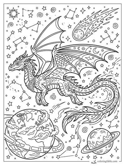 Cartoon dragon with patterned wings flying through stars, planets, constellations, and a comet