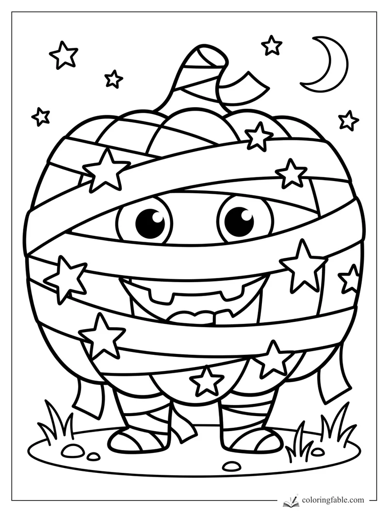 Cute mummy jack-o’-lantern pumpkin wrapped in starry bandages under a crescent moon