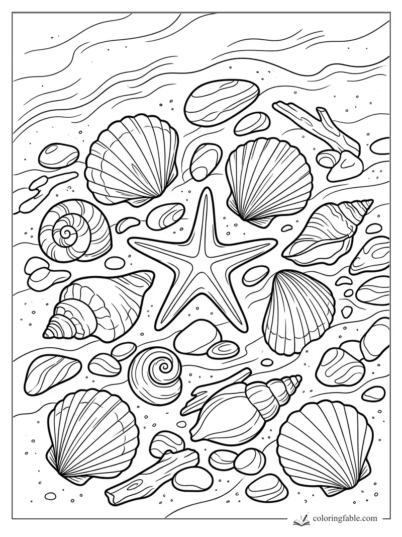 Starfish on sandy beach with scallop shells, spiral shells, pebbles, driftwood, and wavy tide lines