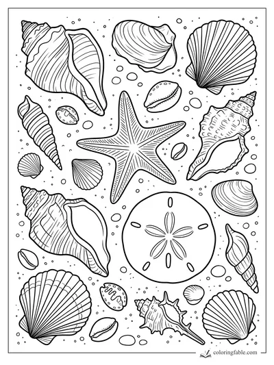 Starfish, sand dollar, scallops, cowries, and spiral seashells scattered like beach finds