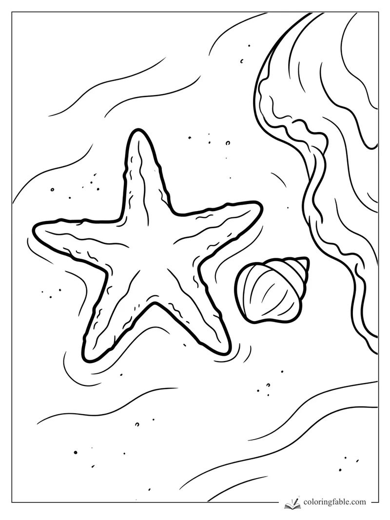 Bold beach coloring page with a large starfish, striped seashell, sand dots, and a curling wave.