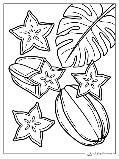 Bold starfruit coloring page with whole fruit, star slices, and a large monstera leaf.