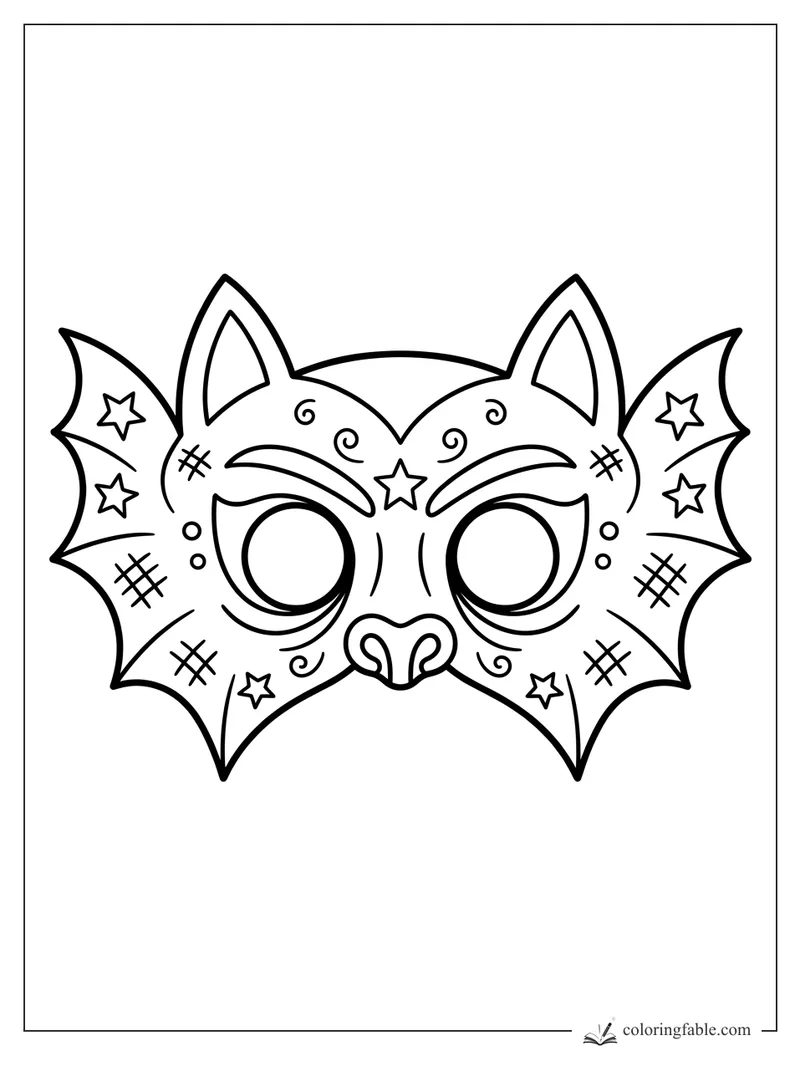 Bat mask coloring page with pointed ears, starry wings, swirls, crosshatch marks, and round eye holes.