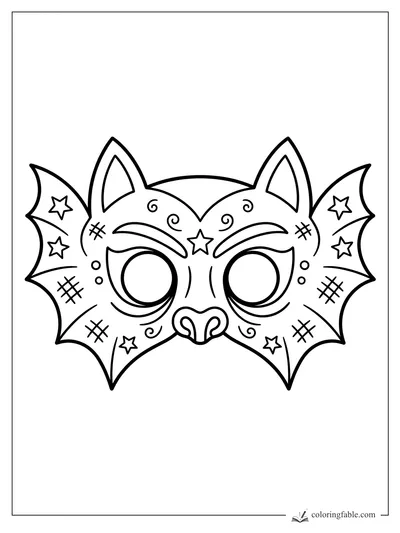 Bat mask coloring page with pointed ears, starry wings, swirls, crosshatch marks, and round eye holes.