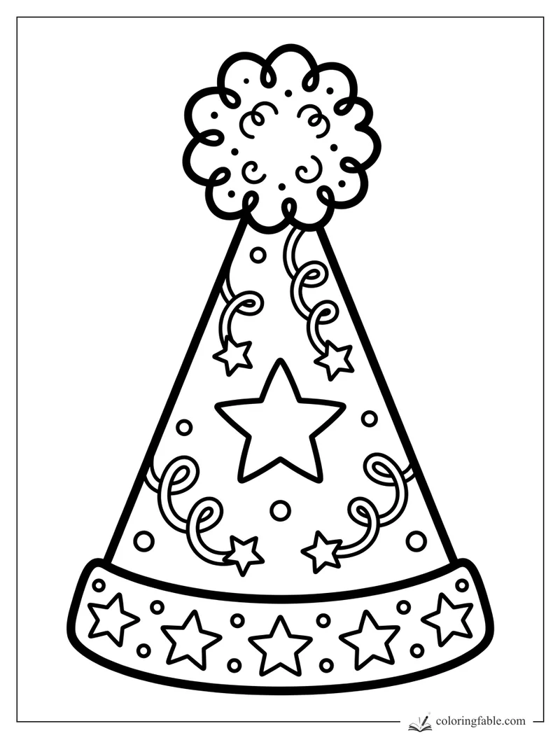 Bold birthday party hat with stars, curly streamers, dots, and a fluffy pom-pom top.