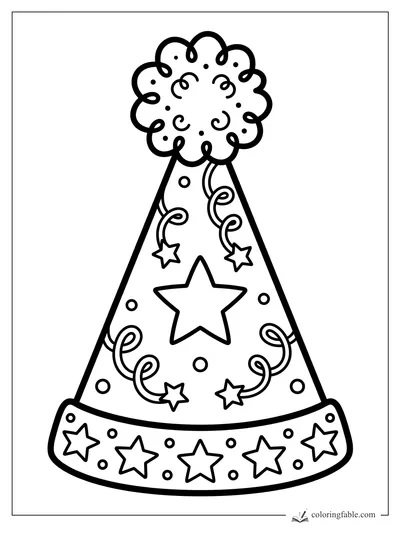 Bold birthday party hat with stars, curly streamers, dots, and a fluffy pom-pom top.