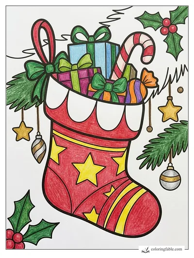 Starry Christmas Stocking Stuffed With Gifts — colored example