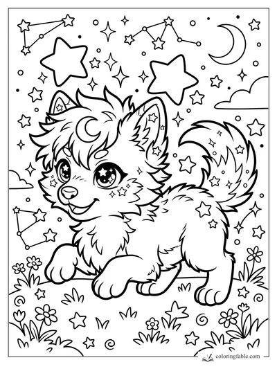 Manga wolf pup with starry eyes, crescent forehead mark, fluffy tail, constellations, moon, clouds, and flowers.