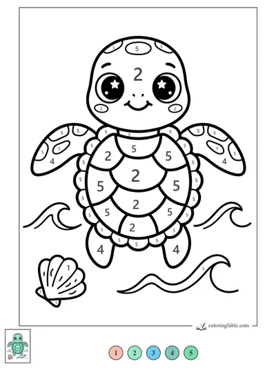 Starry-Eyed Sea Turtle with Waves — color by number