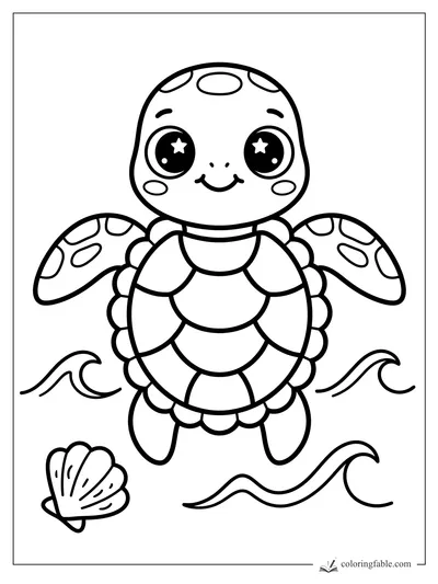 Kawaii sea turtle with starry eyes, patterned shell, waves, and a seashell coloring page