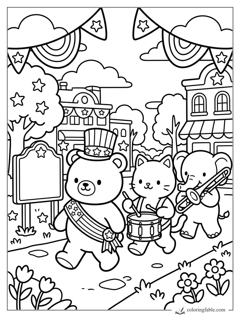 Cozy town parade with a bear drum major, kitten drummer, elephant trombonist, banners, stars, and shops.