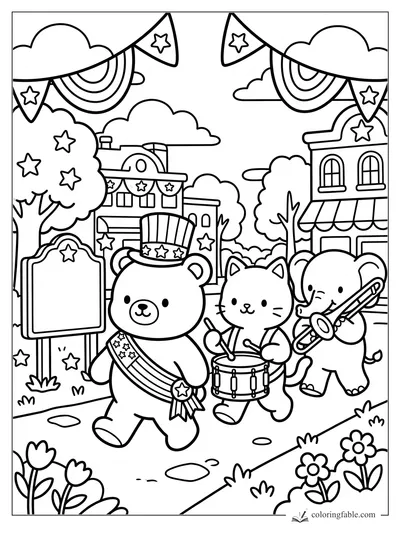Cozy town parade with a bear drum major, kitten drummer, elephant trombonist, banners, stars, and shops.