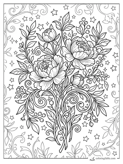 Intricate floral coloring page with peonies, leafy vines, berries, swirls, and scattered stars.
