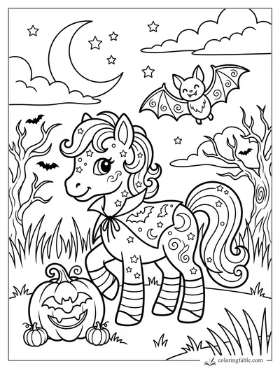 Cartoon pony with stars, cape, pumpkins, bats, crescent moon, clouds, and bare trees in a Halloween hollow.
