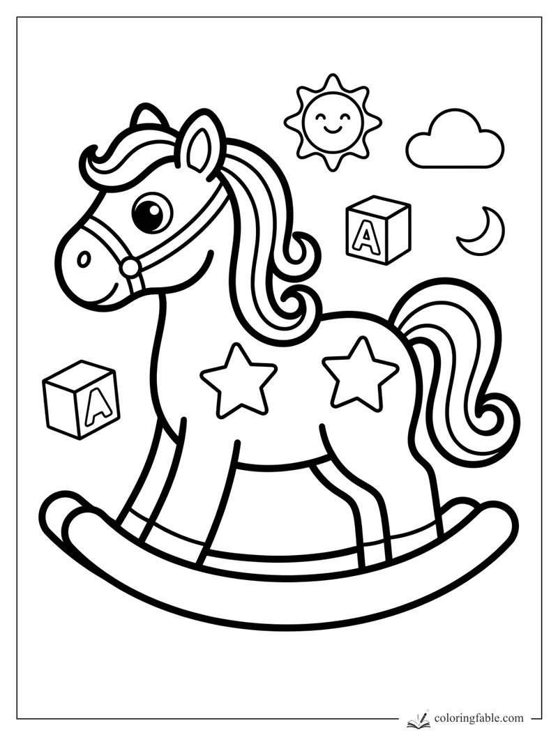 Cute rocking horse with star markings, alphabet blocks, smiling sun, cloud, and crescent moon