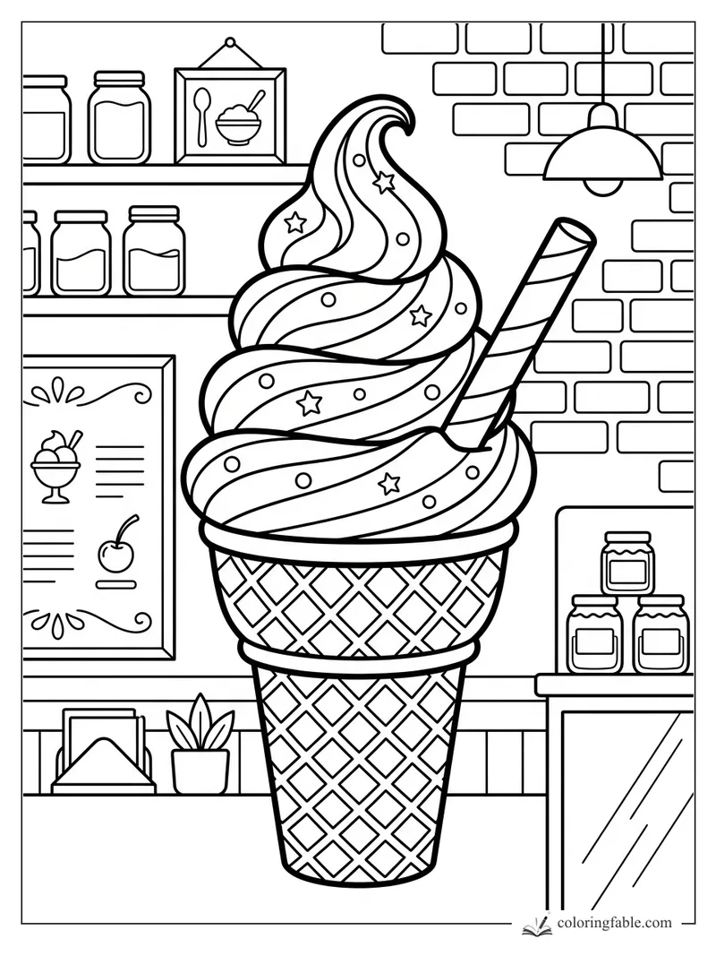 Giant swirled soft-serve cone with stars, wafer stick, jars, menu, and brick wall in an ice cream shop.