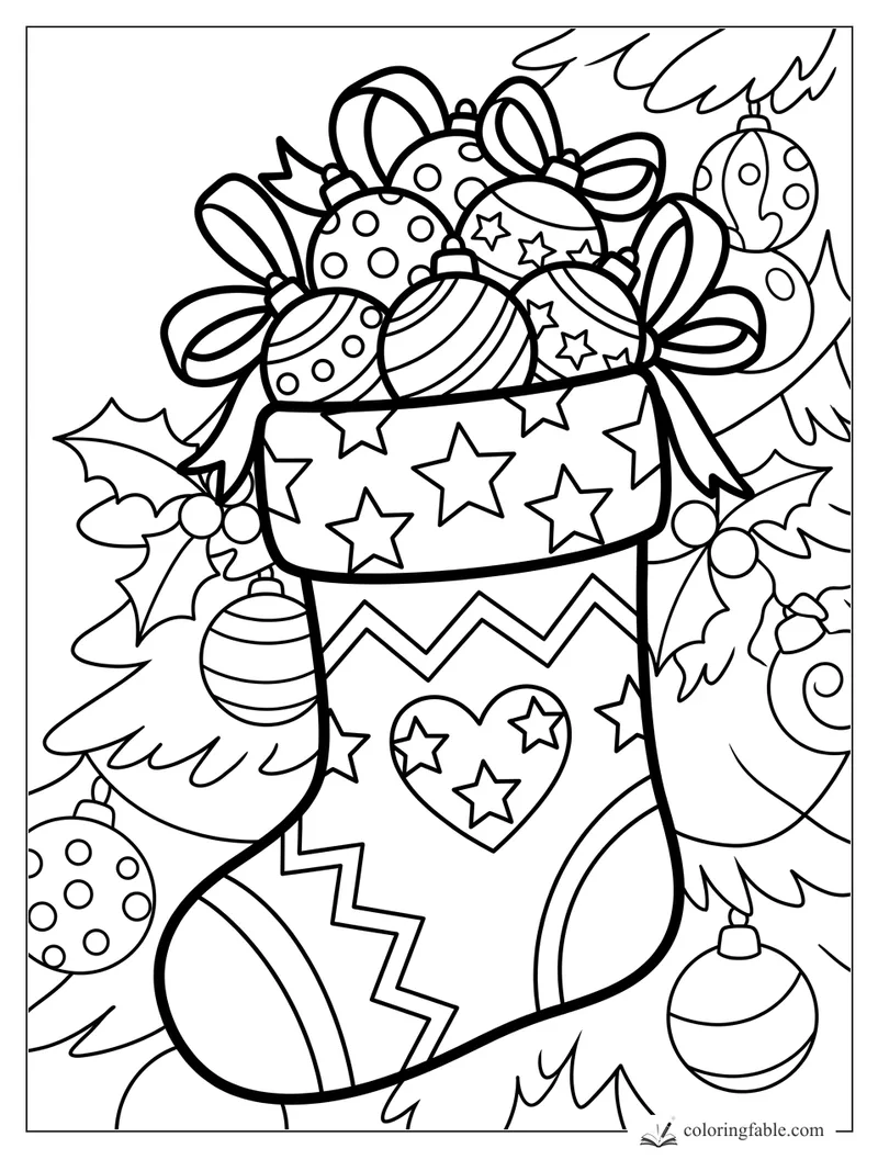 Christmas stocking with stars, zigzags, holly leaves, bows, and round ornaments on tree branches