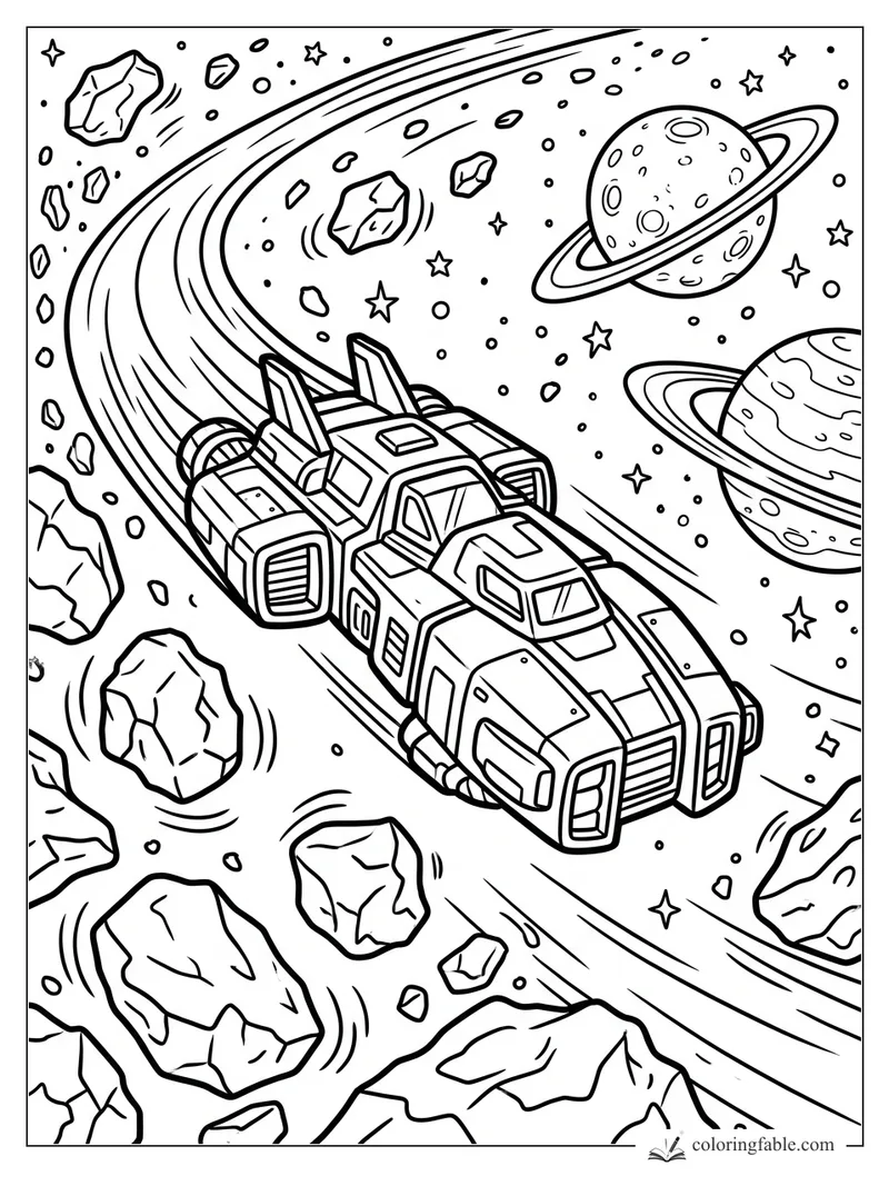 Cartoon starship flying through asteroids, stars, and two ringed planets in deep space