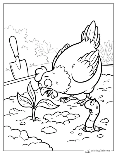 Cartoon chicken gasps at a worm beside a sprout, with a trowel and garden bushes behind them.