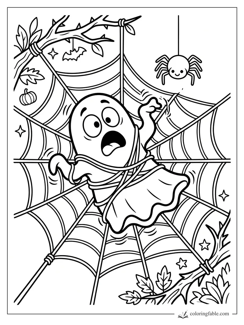 Cartoon ghost tangled in a spiderweb with a smiling spider, bare branches, bat, pumpkin, leaves, and stars